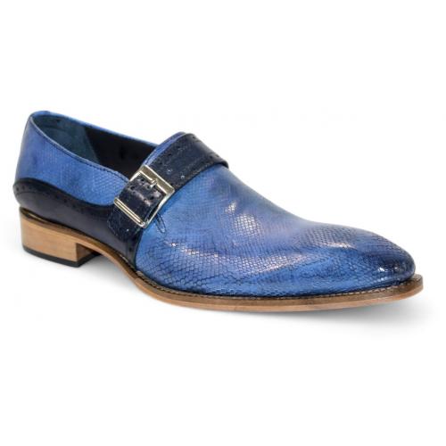 Duca Di Matiste "Sezze" Powder Blue/Navy Genuine Italian Calf Leather Snake Print Monk Strap Dress Shoes.